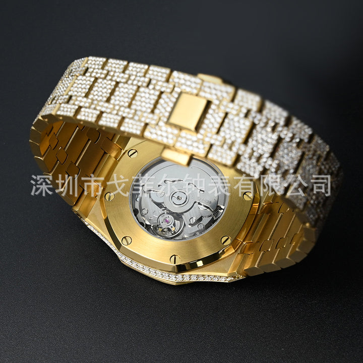 W007 42MM Moissanite Iced Out Octagonal Watch with Stainless Steel Metal Strap