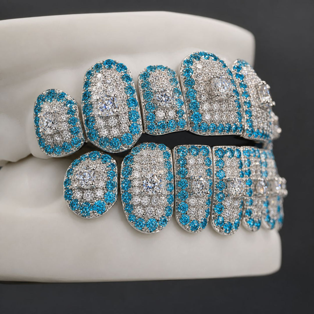 T004 S925 Silver Blue Iced Out Moissanite Grillz