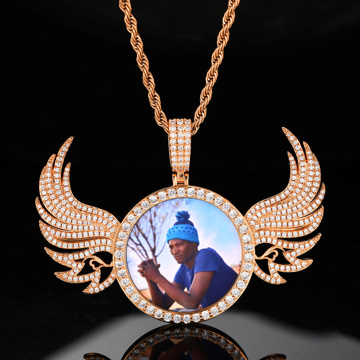 0730-Custom06 3D ZIRCON DIAMOND ANGEL WINGS CUSTOM PICTURE PENDANT WITH ROPE CHAIN