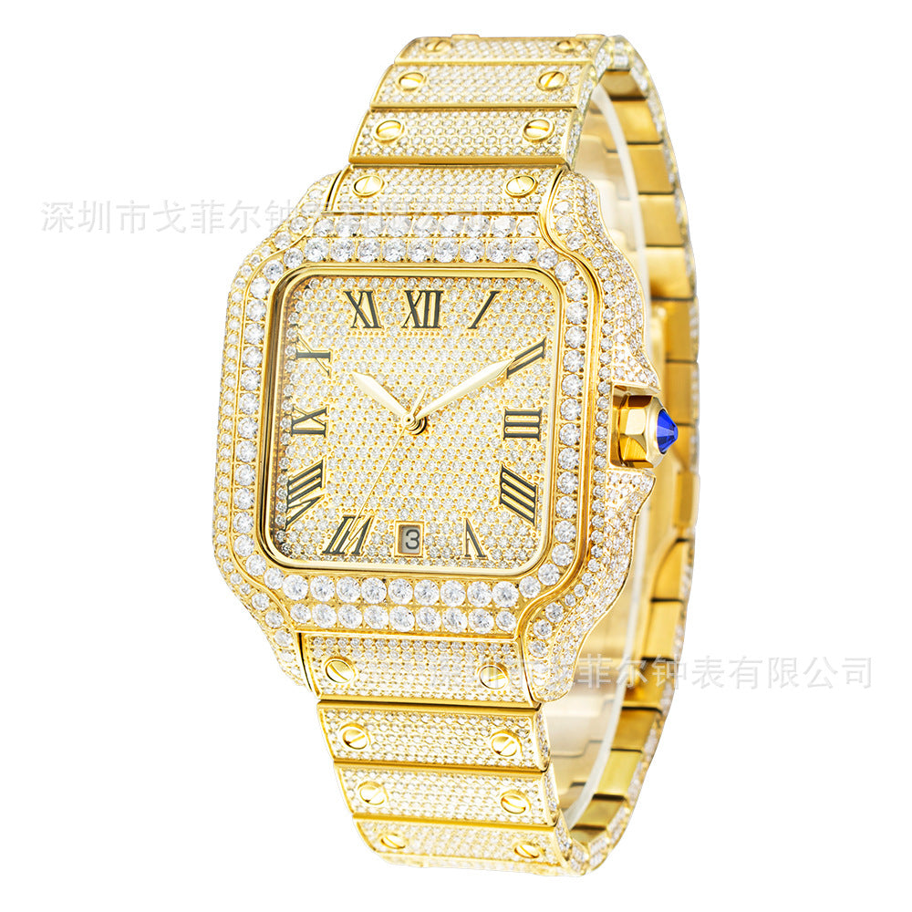 W009 40MM Full Iced Out Square Watch Diamond Studded Stainless Steel Case &amp; Metal Strap