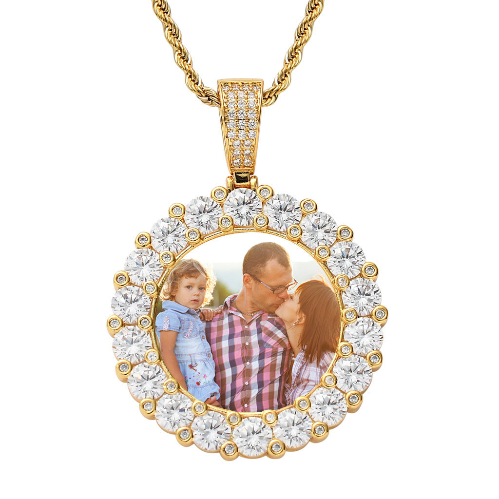 3D ZIRCON DIAMOND 14K CIRCLE CUSTOM PICTURE PENDANT