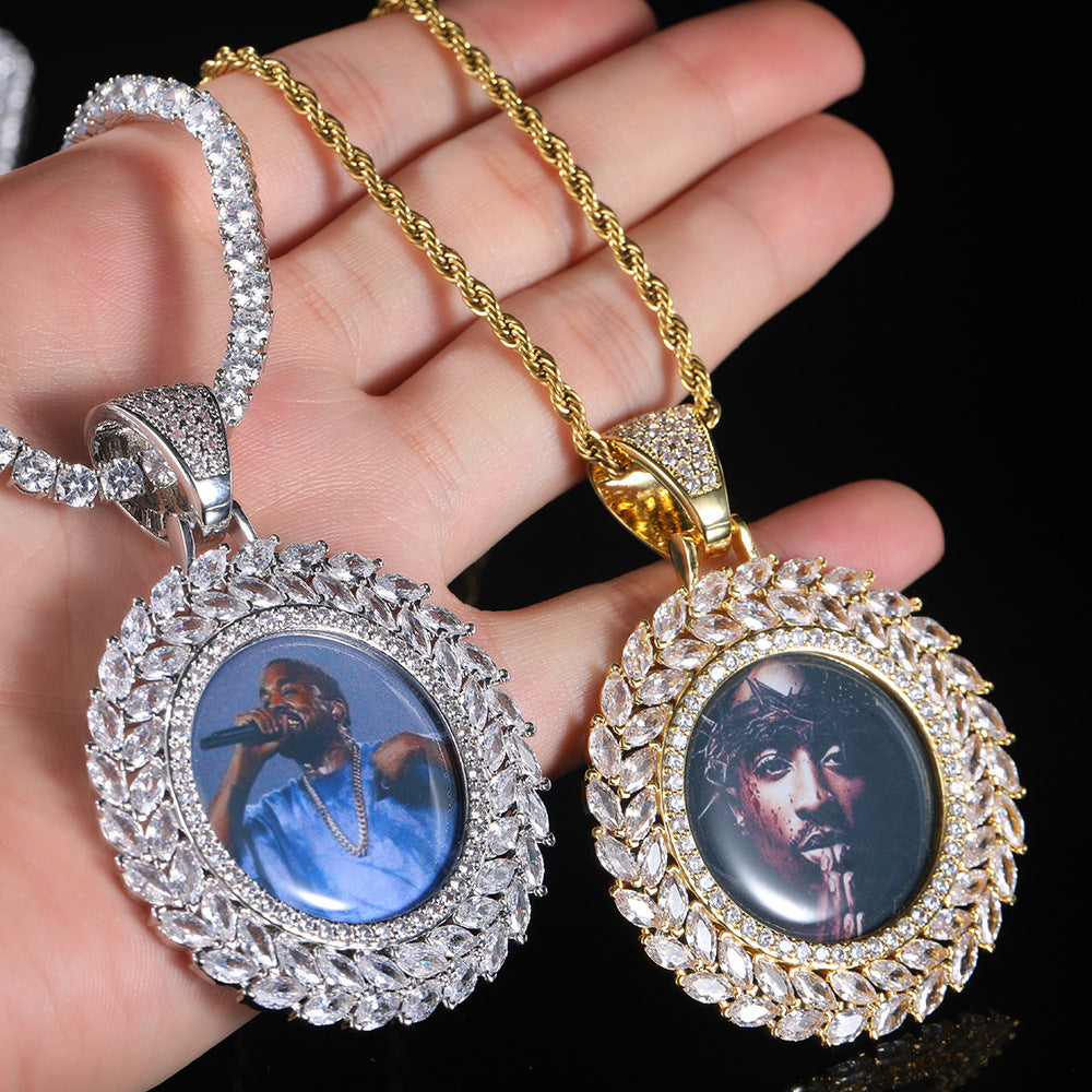 0730-Custom08 3D ZIRCON DIAMOND CIRCLE CUSTOM PICTURE PENDANT WITH 24 INCH 3MM ROPE CHAIN