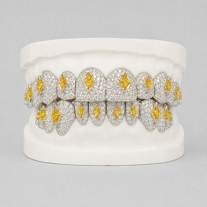 T001 S925 Sterling Silver Moissanite Grillz Iced Out Yellow Kite Cut Tooth Grillz