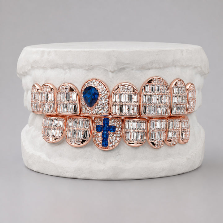 T002 S925 Sterling Silver Rose Gold Plated Baguette Moissanite Grillz