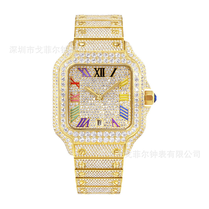 W008 40MM Moissanite Iced Out Square Watch Colorful Roman Numerals with Stainless Steel Metal Strap