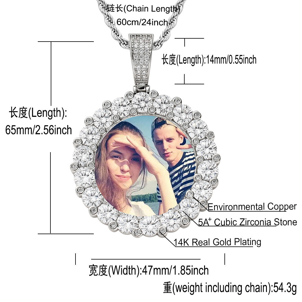 3D ZIRCON DIAMOND 14K CIRCLE CUSTOM PICTURE PENDANT