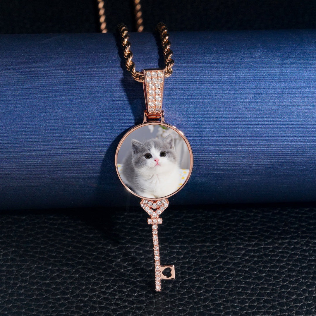 3D Round Key Solid Custom Photo Pendant in White Gold - 22mm