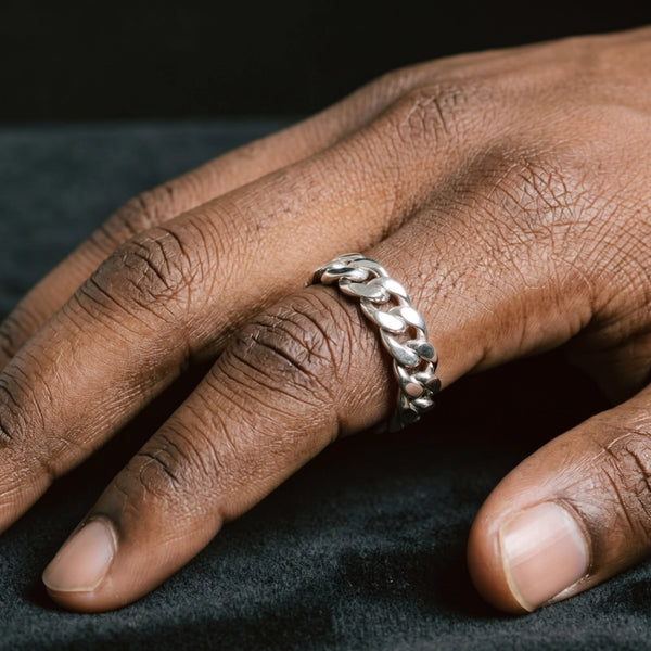 Silver Cuban Link Ring in White Gold