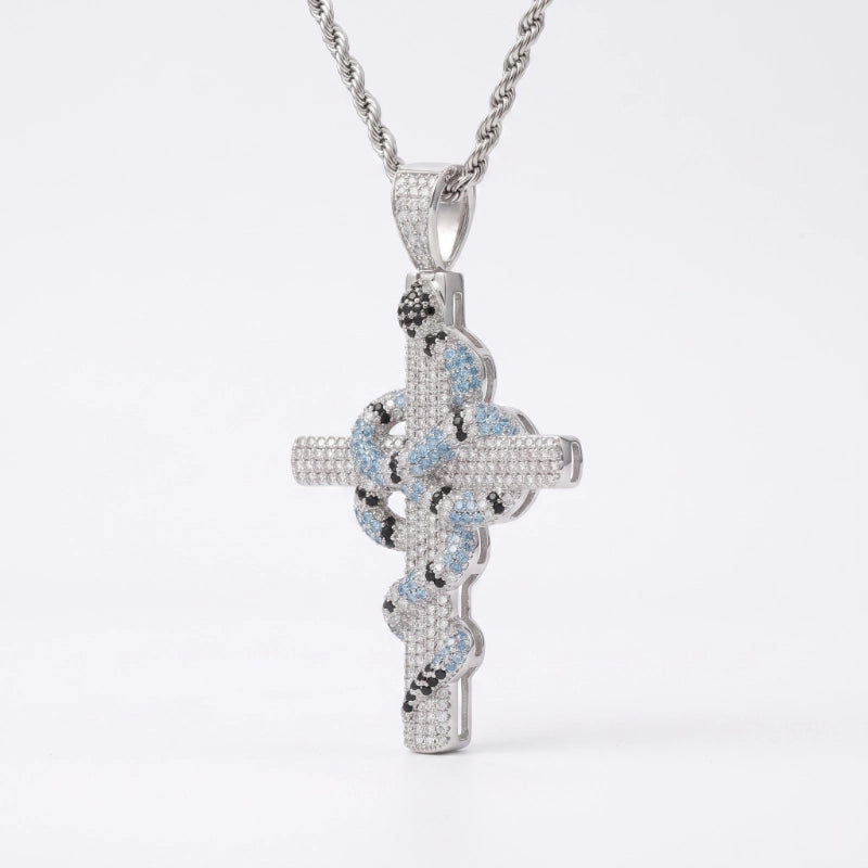 Blue Coral Snake Cross Pendant Necklace