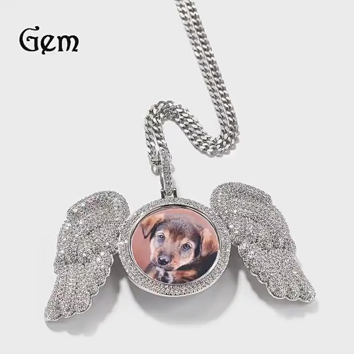 3D ZIRCON DIAMOND CIRCLE CUSTOM PICTURE PENDANT WITH ANGEL WINGS